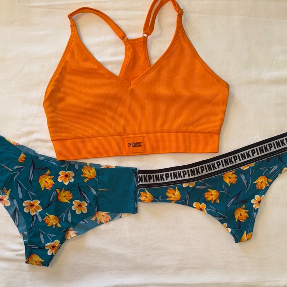 PINK Victoria's Secret Large Orange Sports Bra & Floral Medium Panties Set BNWT
